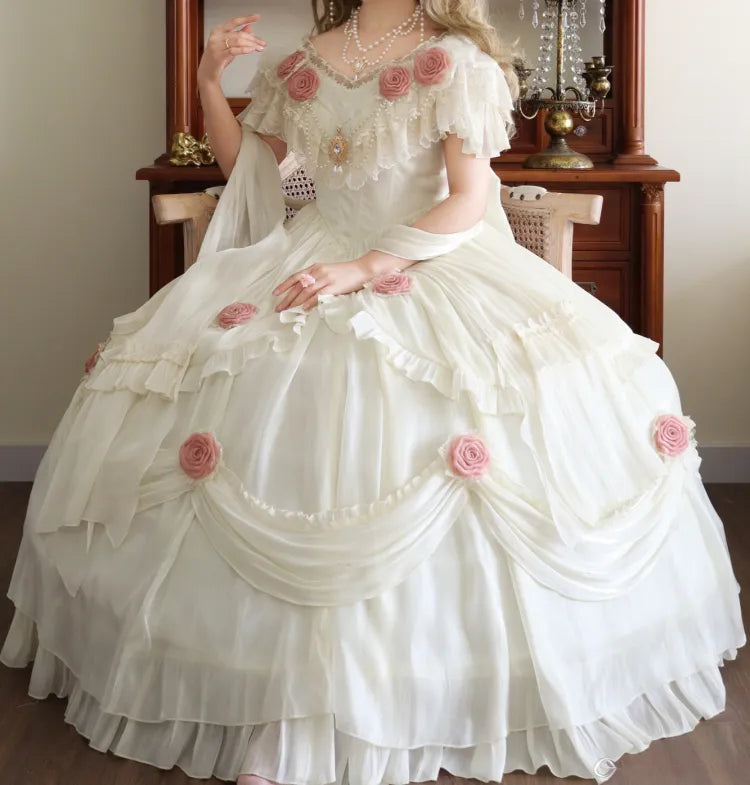 Ivory Princess Basque Waist Dress Roses and Bead Chain Lolita Wedding Dress