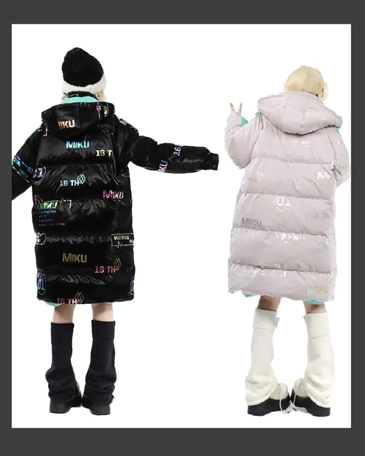 Hatsune Miku Collab Laser Fabric Gray Coat Futuristic Cyberpunk Puffer Coat