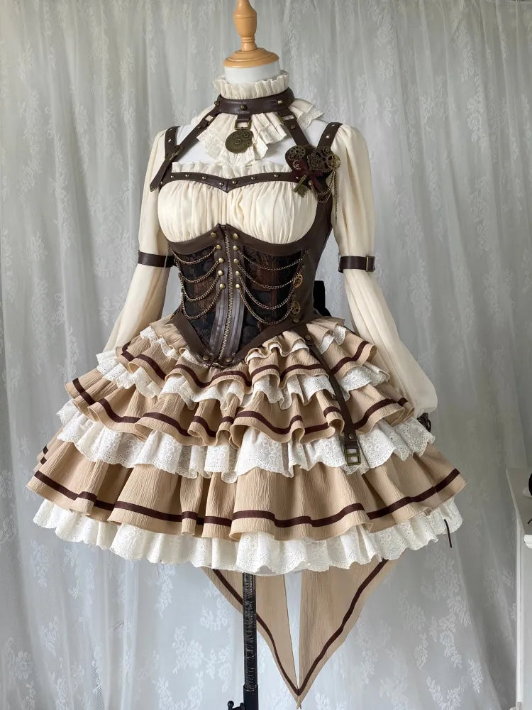 Corset Waist Steampunk Lolita Tiered Ruffles One Piece Beige and Brown