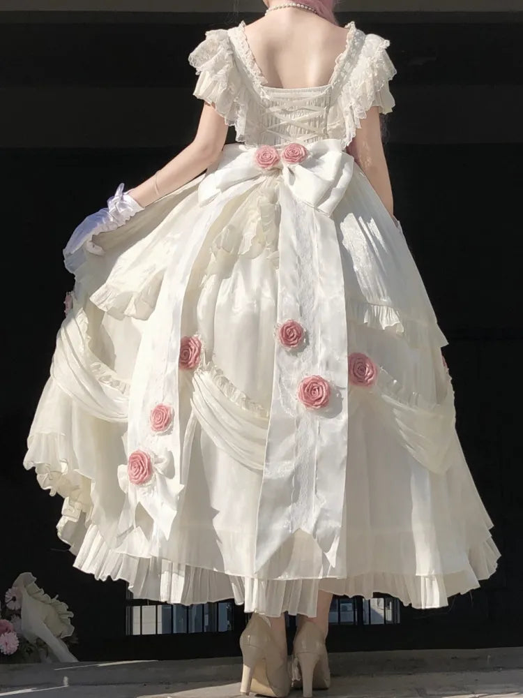 Ivory Princess Basque Waist Dress Roses and Bead Chain Lolita Wedding Dress