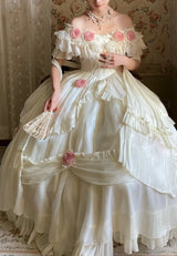 Ivory Princess Basque Waist Dress Roses and Bead Chain Lolita Wedding Dress