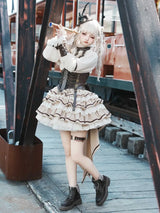 Corset Waist Steampunk Lolita Tiered Ruffles One Piece Beige and Brown