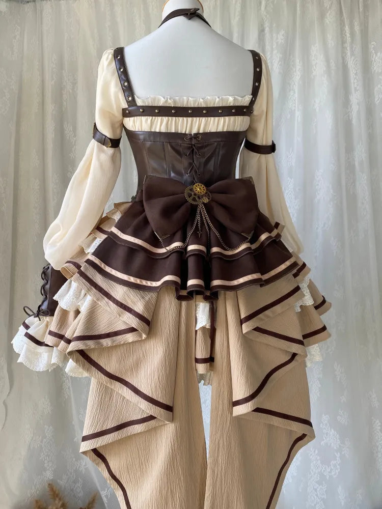 Corset Waist Steampunk Lolita Tiered Ruffles One Piece Beige and Brown