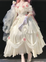 Ivory Princess Basque Waist Dress Roses and Bead Chain Lolita Wedding Dress