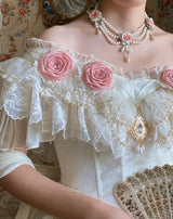 Ivory Princess Basque Waist Dress Roses and Bead Chain Lolita Wedding Dress