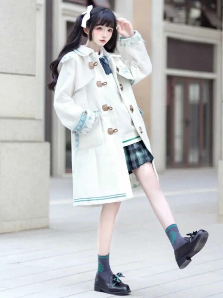 Hatsune Miku Collab White Preppy Hooded Duffle Coat