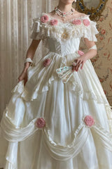 Ivory Princess Basque Waist Dress Roses and Bead Chain Lolita Wedding Dress