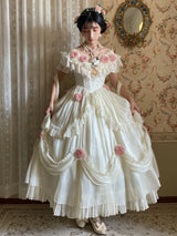 Ivory Princess Basque Waist Dress Roses and Bead Chain Lolita Wedding Dress