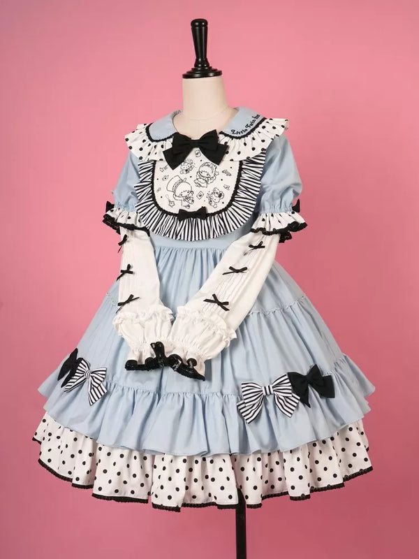 Little Twin Stars Bowknot Details Ruffle Trim Short Sleeves Lolita OP Color Blue