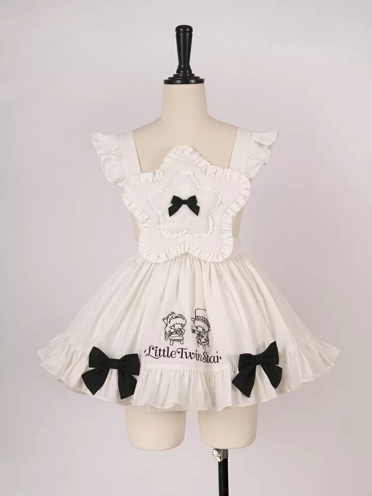 Little Twin Stars Bowknot Details Ruffle Trim Apron White/Pink