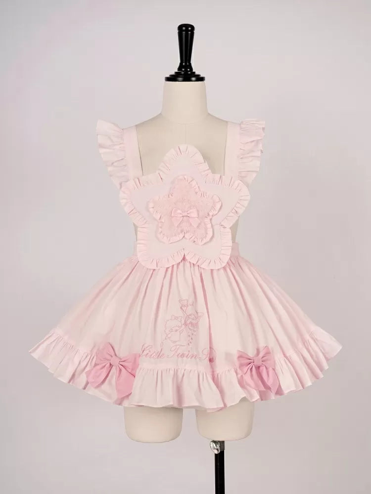 Little Twin Stars Bowknot Details Ruffle Trim Apron White/Pink