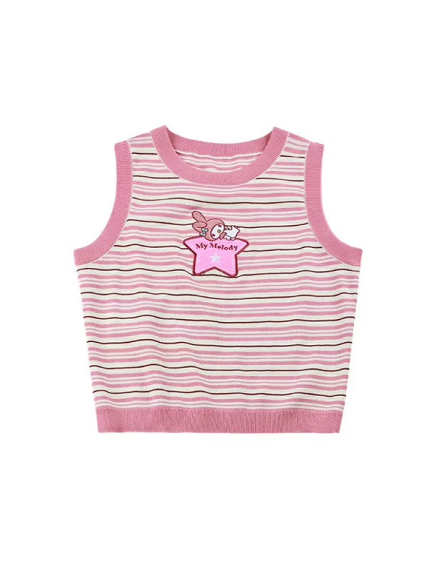 My Melody Star Applique Striped Pattern Pink Tank Top