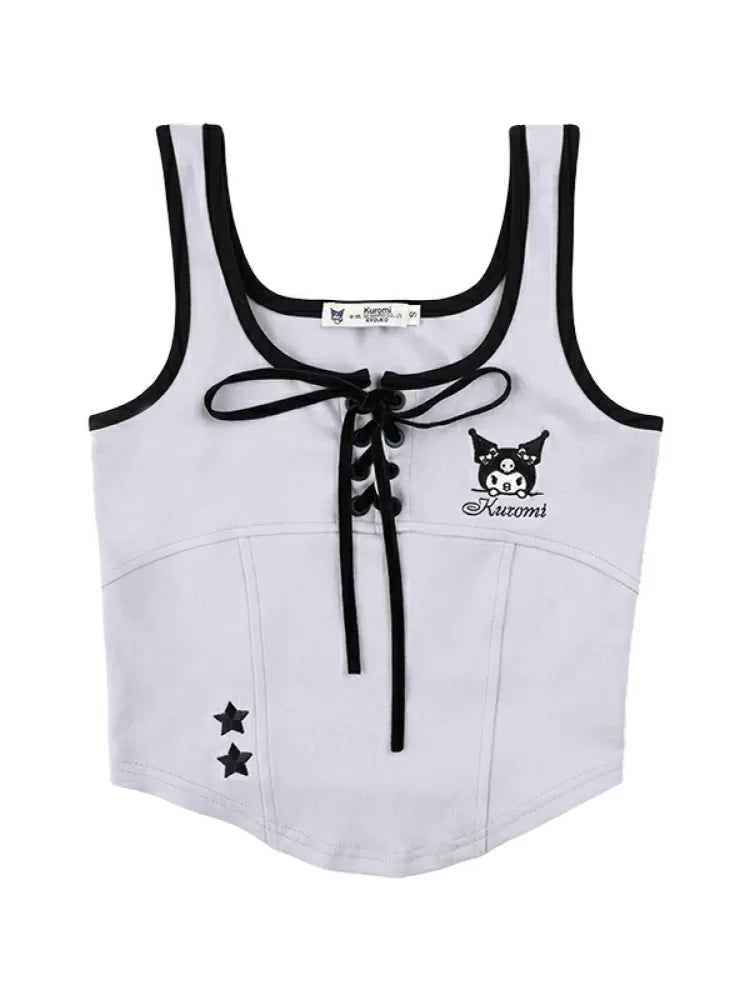 Kuromi Purple Lace-up Tank Top Stars Embroidery