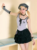 Kuromi Purple Lace-up Tank Top Stars Embroidery