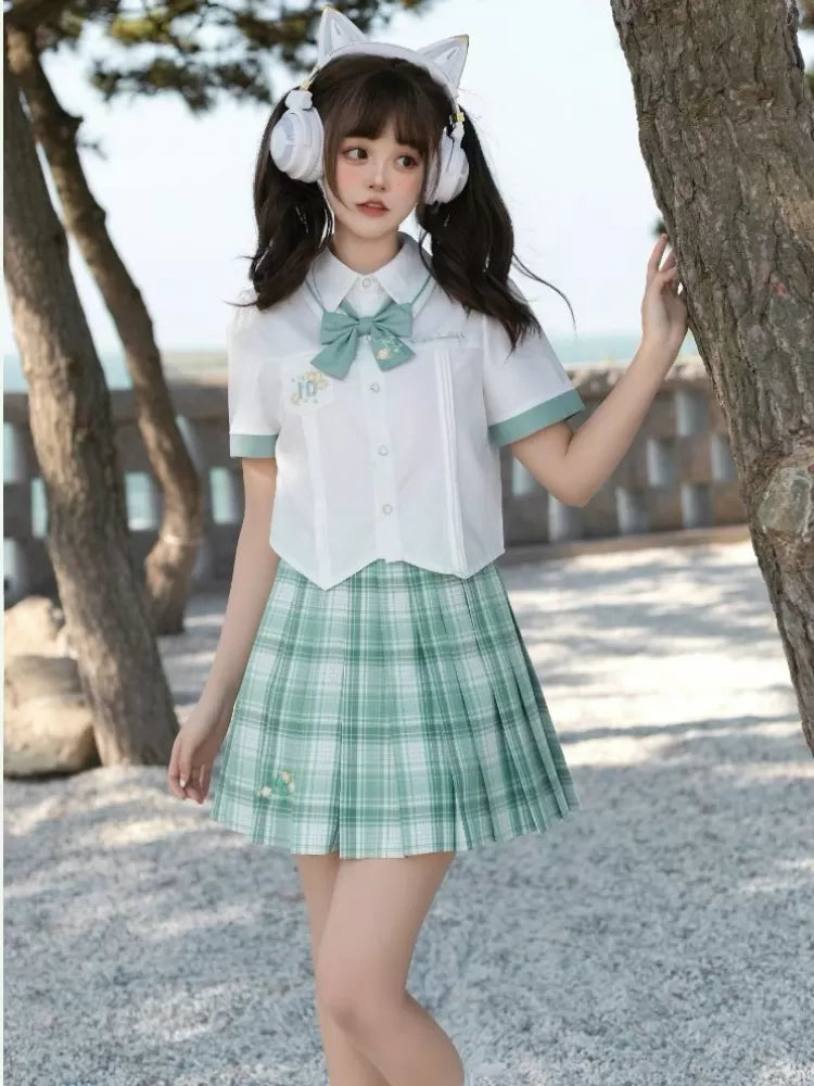 Hatsune Miku Collab Orchid Embroidery Pleated Skirt Green Plaid JK Uniforms