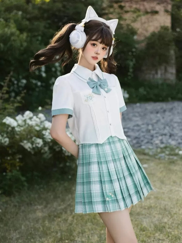 Hatsune Miku Collab Orchid Embroidery Pleated Skirt Green Plaid JK Uniforms