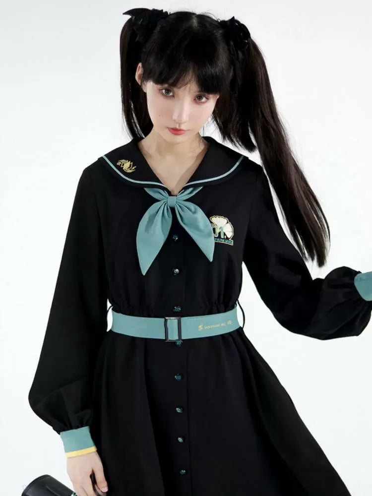 Ginkgo Leaves Embroidery Black Dress Sailor Collar Hatsune Miku Collab