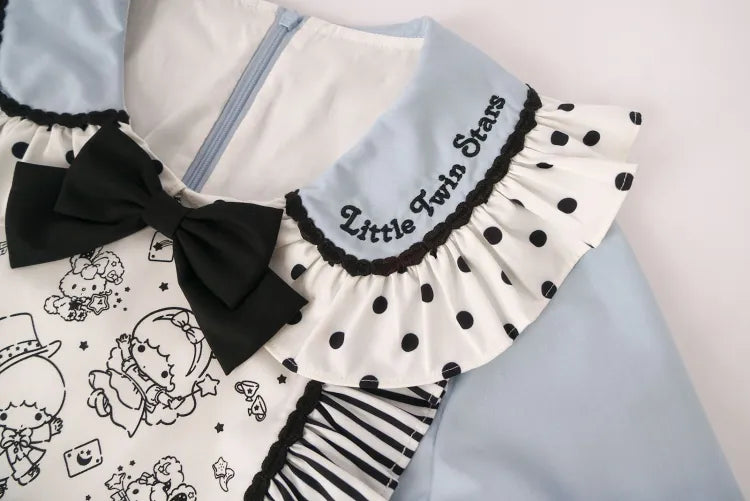 Little Twin Stars Bowknot Details Ruffle Trim Short Sleeves Lolita OP Color Blue