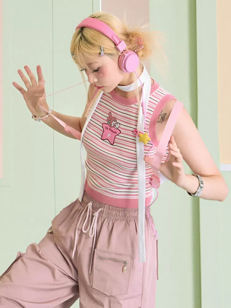 My Melody Star Applique Striped Pattern Pink Tank Top