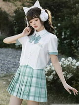 Hatsune Miku Collab Orchid Embroidery Pleated Skirt Green Plaid JK Uniforms