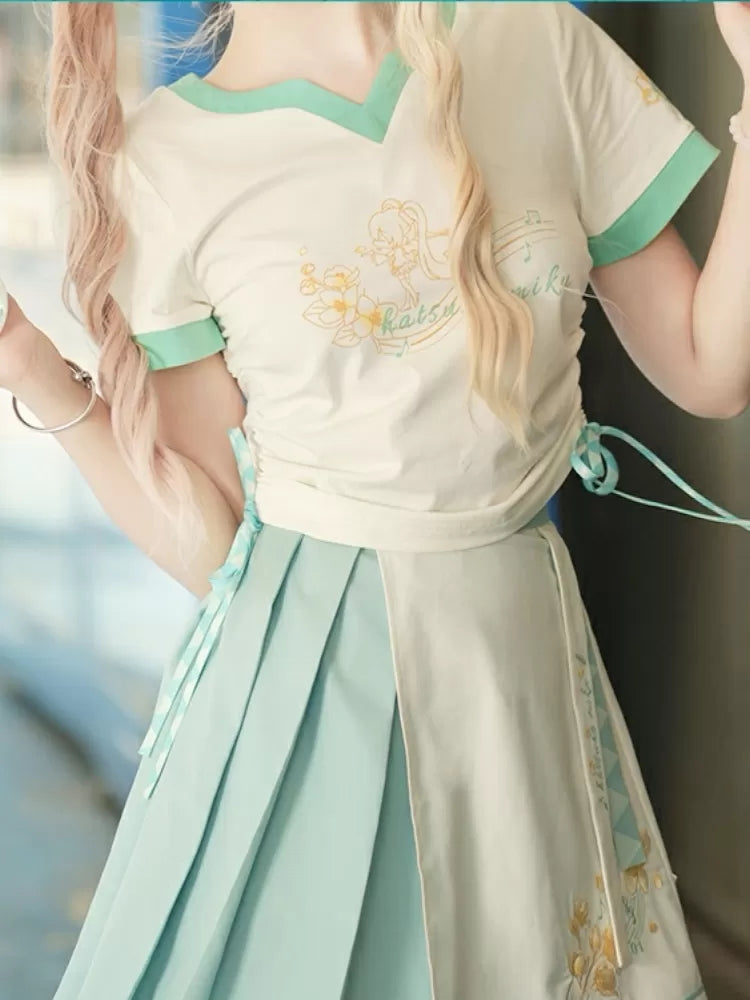 Hatsune Miku Collab Orchid Embroidery Pleated Skirt Asymmetrical Design