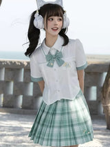 Hatsune Miku Collab Orchid Embroidery Pleated Skirt Green Plaid JK Uniforms