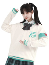 Hatsune Miku Pattern White V-neck Sweater