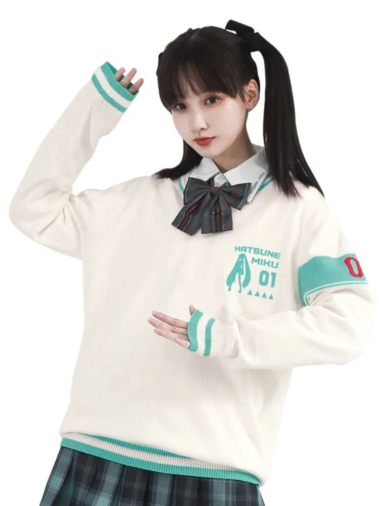 Hatsune Miku Pattern White V-neck Sweater